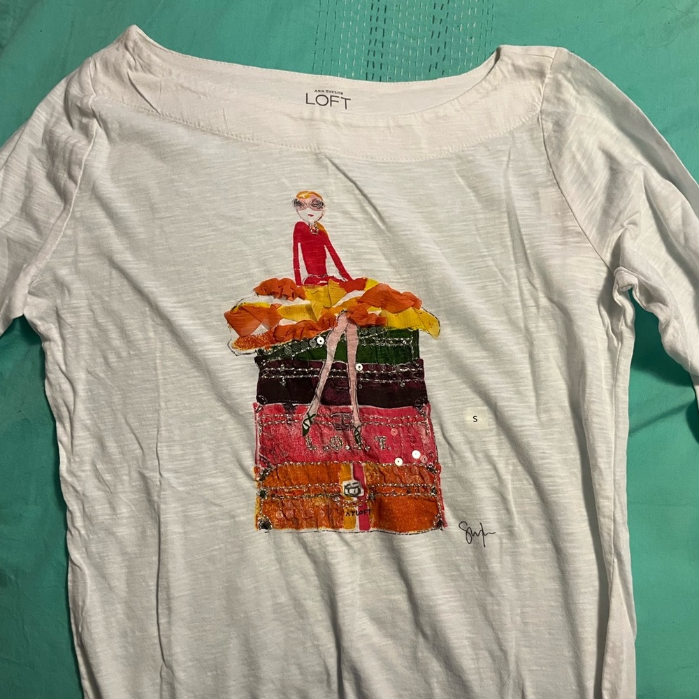 LOFT White Long Sleeved T Shirt w/sketch of girl and sequins, S